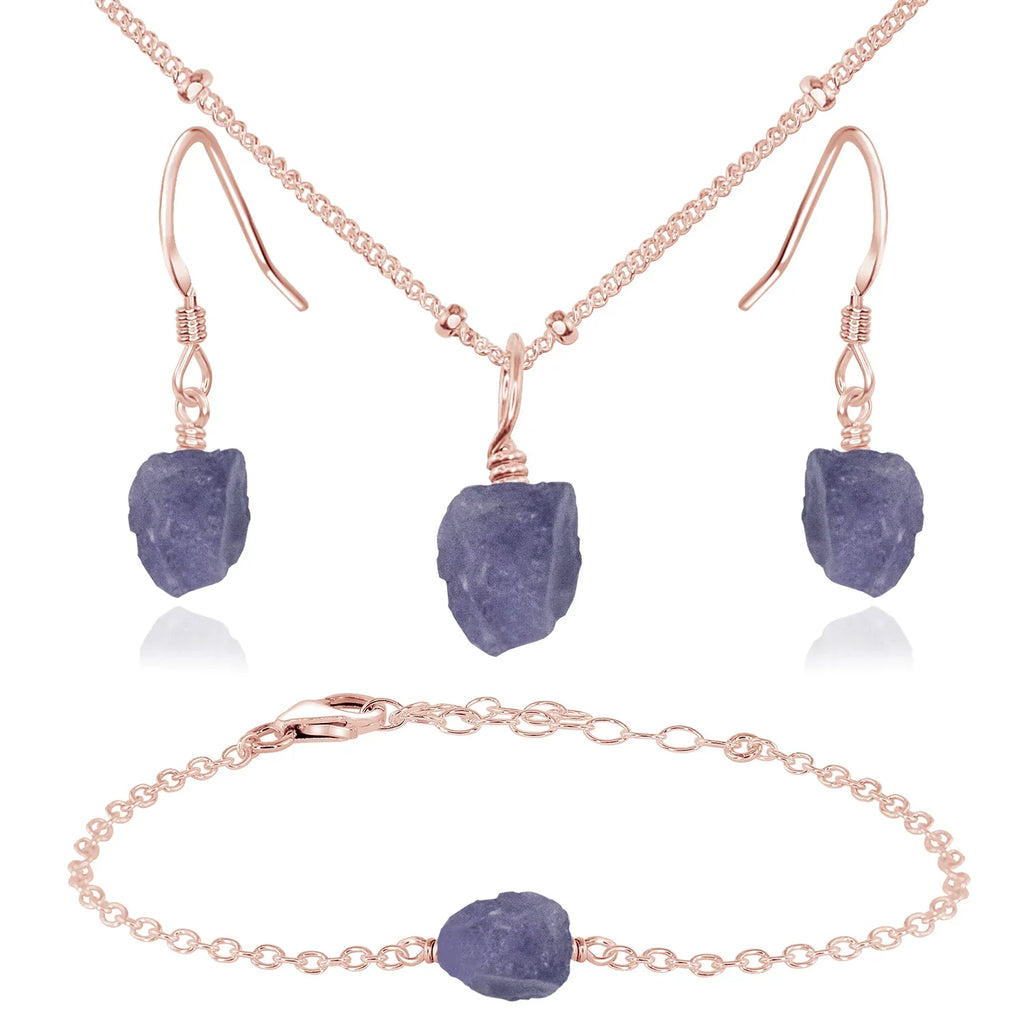 Raw Tanzanite Crystal Jewellery Set - Raw Tanzanite Crystal Jewellery Set - 14k Rose Gold Fill / Satellite / Necklace & Earrings & Bracelet - Luna Tide Handmade Crystal Jewellery
