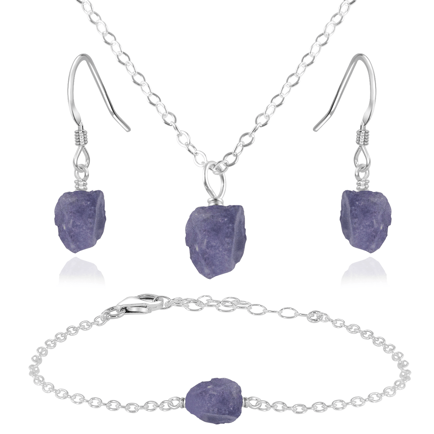 Raw Tanzanite Crystal Jewellery Set - Raw Tanzanite Crystal Jewellery Set - Sterling Silver / Cable / Necklace & Earrings & Bracelet - Luna Tide Handmade Crystal Jewellery