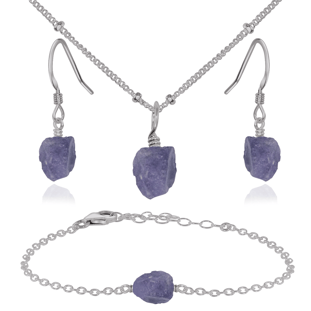 Raw Tanzanite Crystal Jewellery Set - Raw Tanzanite Crystal Jewellery Set - Stainless Steel / Satellite / Necklace & Earrings & Bracelet - Luna Tide Handmade Crystal Jewellery
