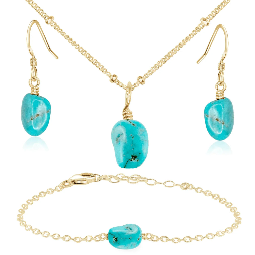 Raw Turquoise Crystal Jewellery Set - Raw Turquoise Crystal Jewellery Set - 14k Gold Fill / Satellite / Necklace & Earrings & Bracelet - Luna Tide Handmade Crystal Jewellery
