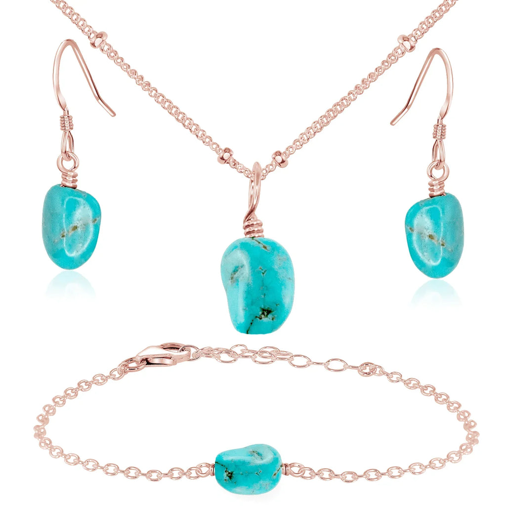 Raw Turquoise Crystal Jewellery Set - Raw Turquoise Crystal Jewellery Set - 14k Rose Gold Fill / Satellite / Necklace & Earrings & Bracelet - Luna Tide Handmade Crystal Jewellery