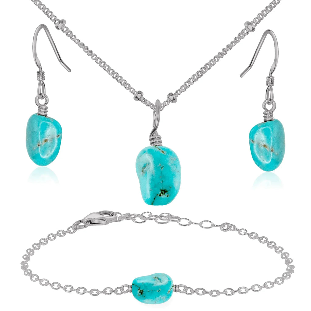 Raw Turquoise Crystal Jewellery Set - Raw Turquoise Crystal Jewellery Set - Stainless Steel / Satellite / Necklace & Earrings & Bracelet - Luna Tide Handmade Crystal Jewellery
