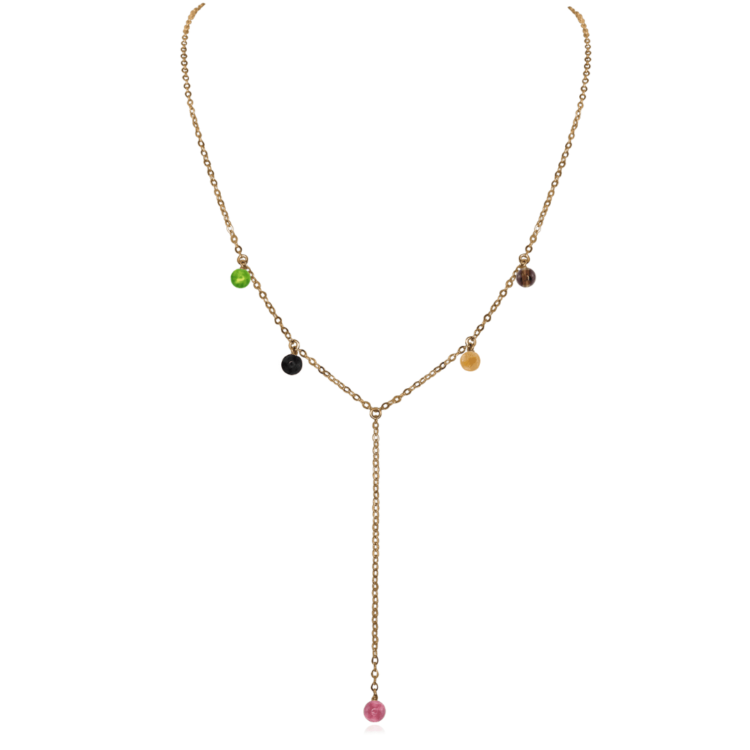 Bronze Rainbow Tourmaline Gemstone Bead Drop Lariat Y Necklace