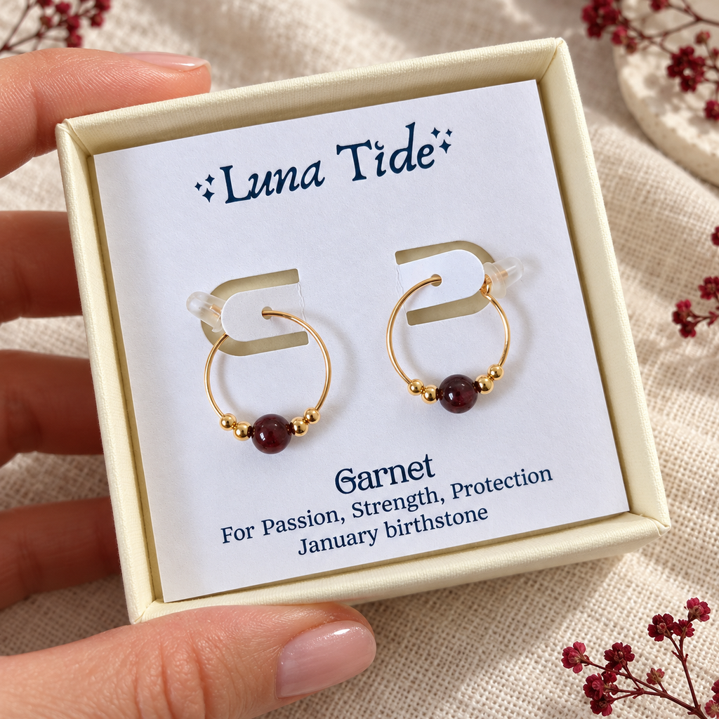 Tiny Garnet Bead Hoop Earrings