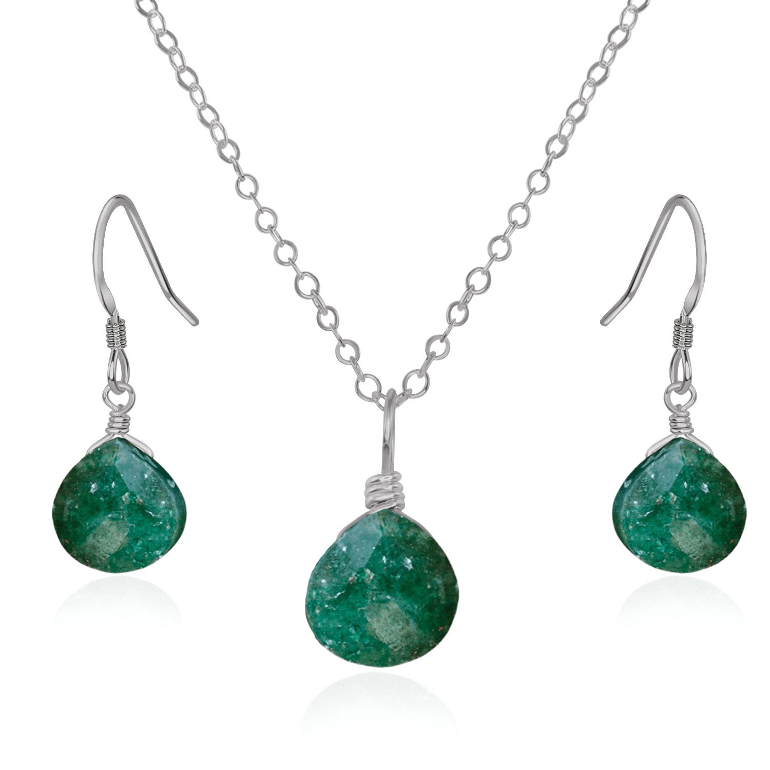 Aventurine Tiny Teardrop Earrings & Necklace Set - Aventurine Tiny Teardrop Earrings & Necklace Set - Stainless Steel / Cable - Luna Tide Handmade Crystal Jewellery