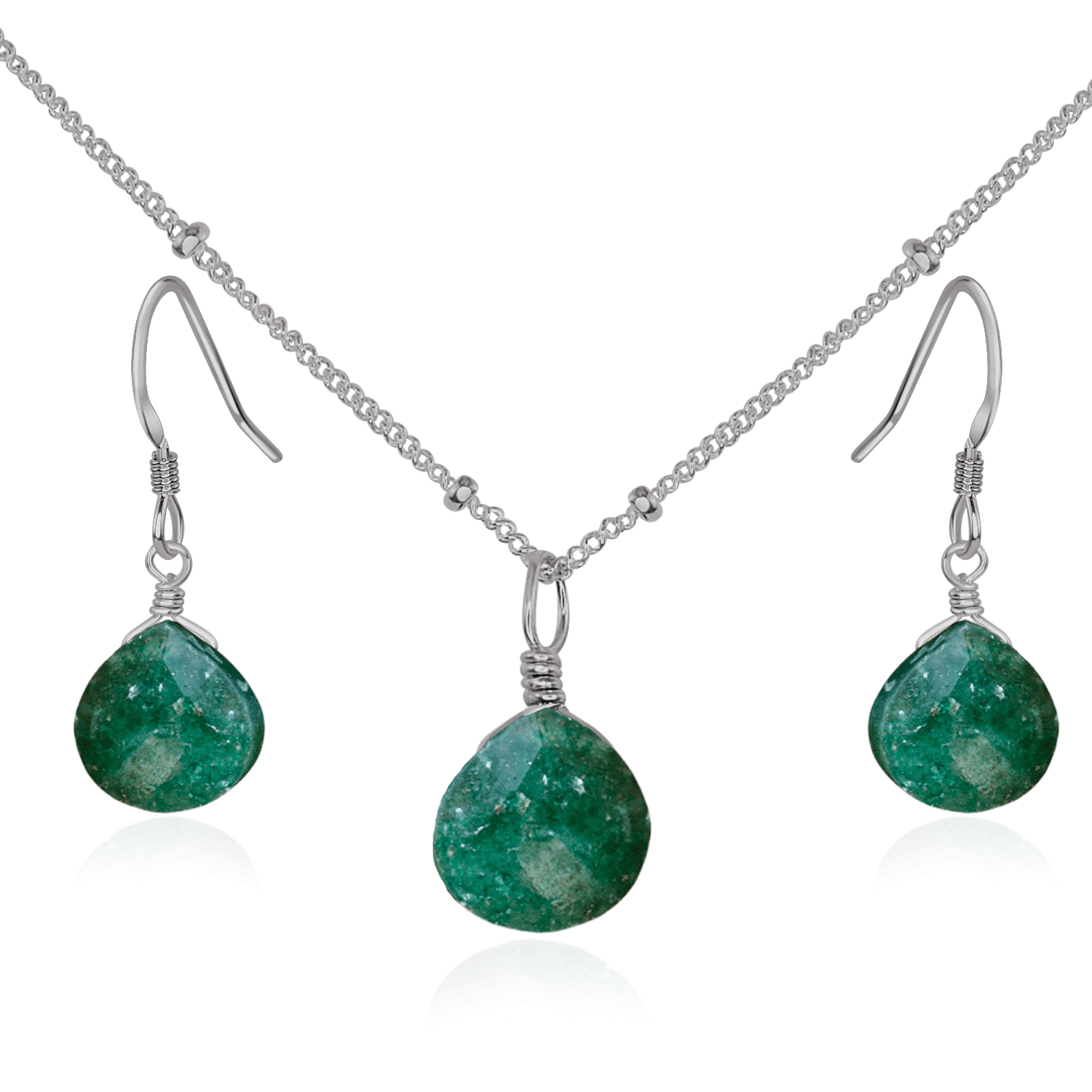 Aventurine Tiny Teardrop Earrings & Necklace Set - Aventurine Tiny Teardrop Earrings & Necklace Set - Stainless Steel / Satellite - Luna Tide Handmade Crystal Jewellery