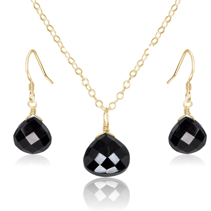 Black Onyx Tiny Teardrop Earrings & Necklace Set