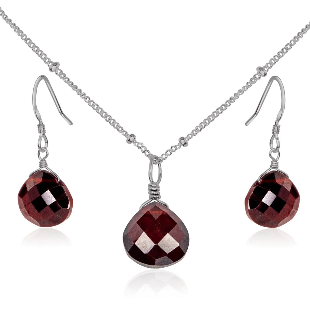 Garnet Tiny Teardrop Earrings & Necklace Set - Garnet Tiny Teardrop Earrings & Necklace Set - Stainless Steel / Satellite - Luna Tide Handmade Crystal Jewellery