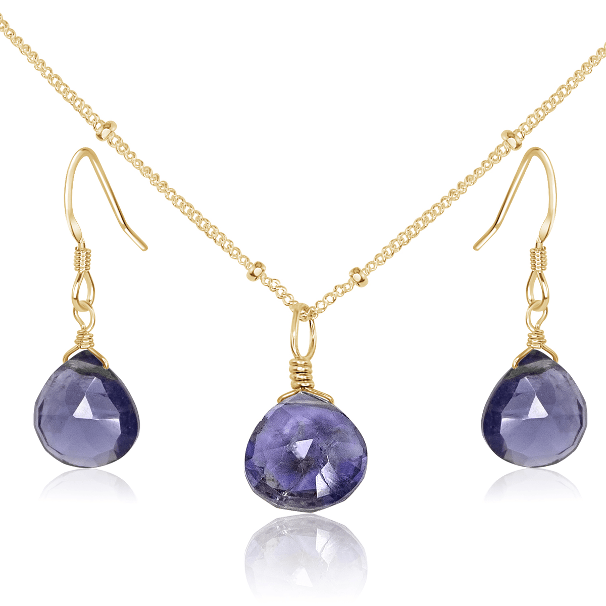 Iolite Tiny Teardrop Earrings & Necklace Set - Iolite Tiny Teardrop Earrings & Necklace Set - 14k Gold Fill / Satellite - Luna Tide Handmade Crystal Jewellery