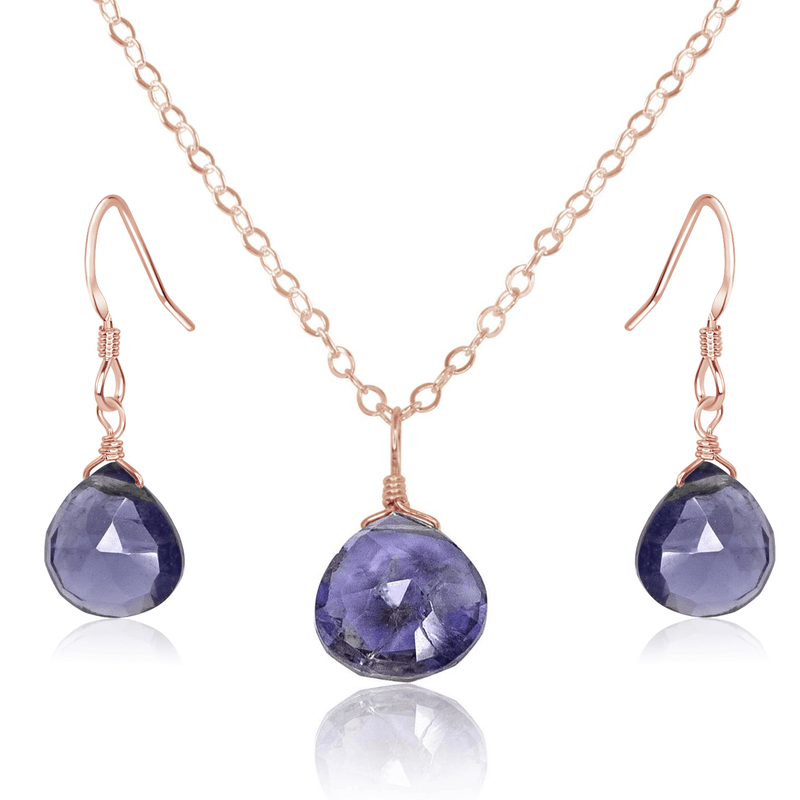 Iolite Tiny Teardrop Earrings & Necklace Set - Iolite Tiny Teardrop Earrings & Necklace Set - 14k Rose Gold Fill / Cable - Luna Tide Handmade Crystal Jewellery