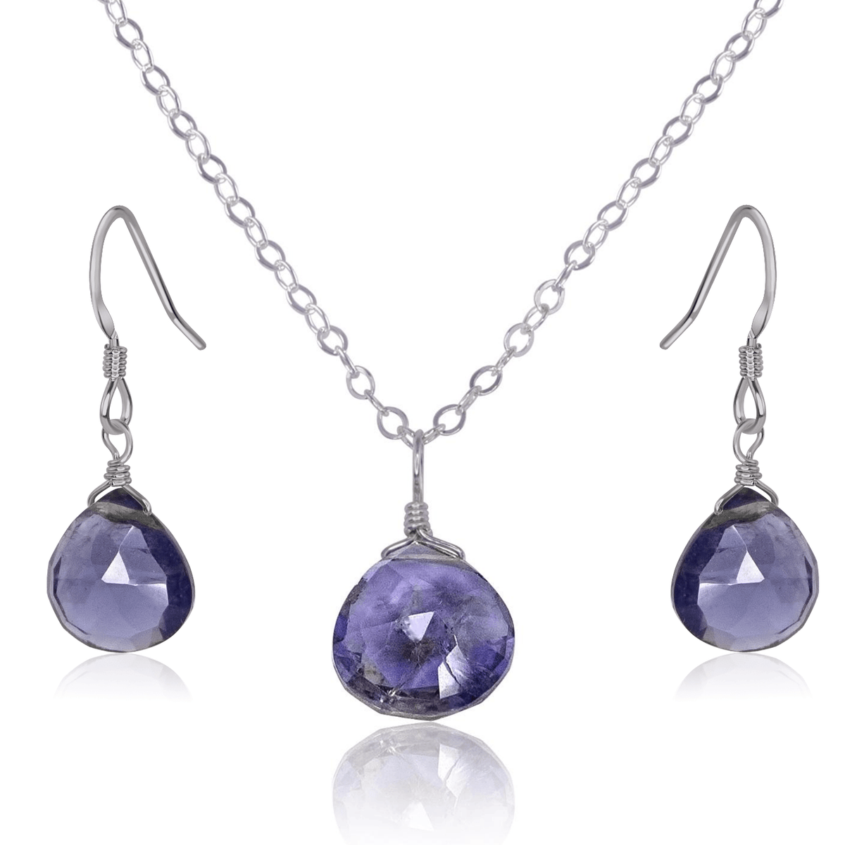 Iolite Tiny Teardrop Earrings & Necklace Set - Iolite Tiny Teardrop Earrings & Necklace Set - Stainless Steel / Cable - Luna Tide Handmade Crystal Jewellery