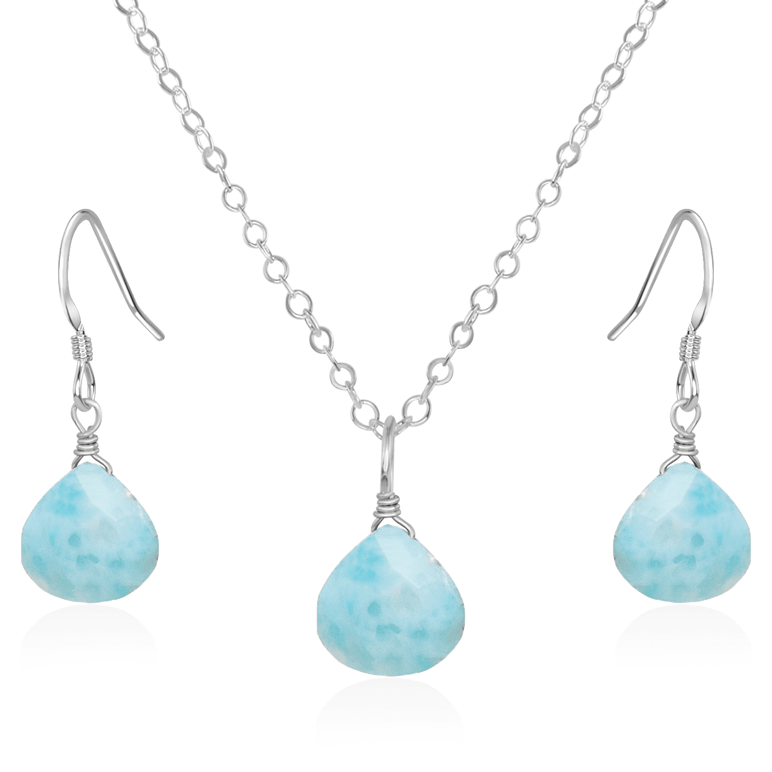 Larimar Tiny Teardrop Earrings & Necklace Set - Larimar Tiny Teardrop Earrings & Necklace Set - Sterling Silver / Cable - Luna Tide Handmade Crystal Jewellery