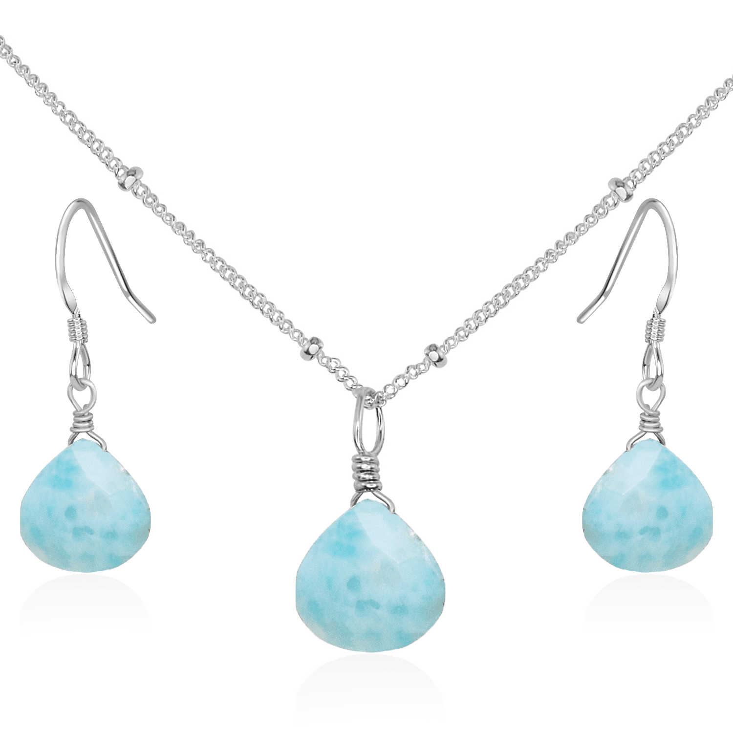Larimar Tiny Teardrop Earrings & Necklace Set - Larimar Tiny Teardrop Earrings & Necklace Set - Sterling Silver / Satellite - Luna Tide Handmade Crystal Jewellery