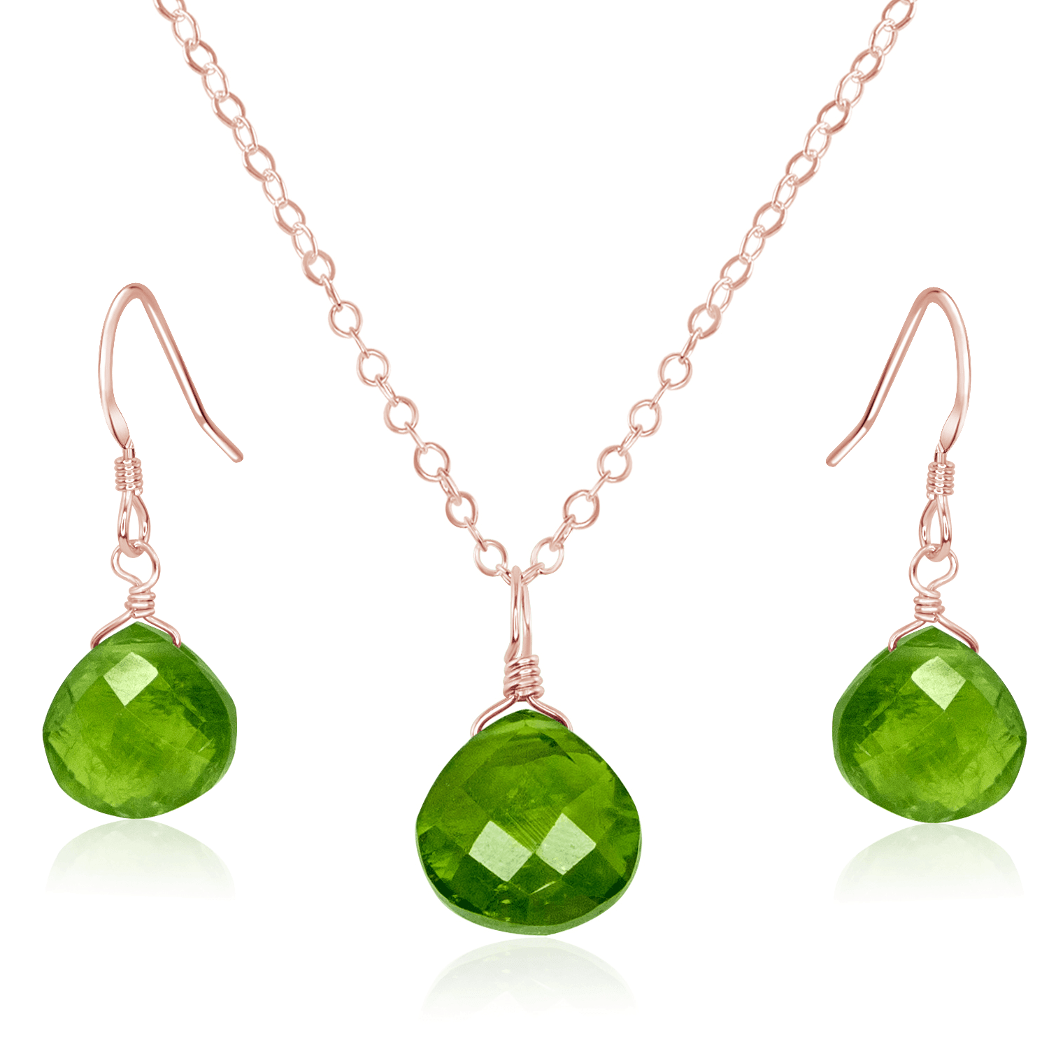 Peridot Tiny Teardrop Earrings & Necklace Set - Peridot Tiny Teardrop Earrings & Necklace Set - 14k Rose Gold Fill / Cable - Luna Tide Handmade Crystal Jewellery