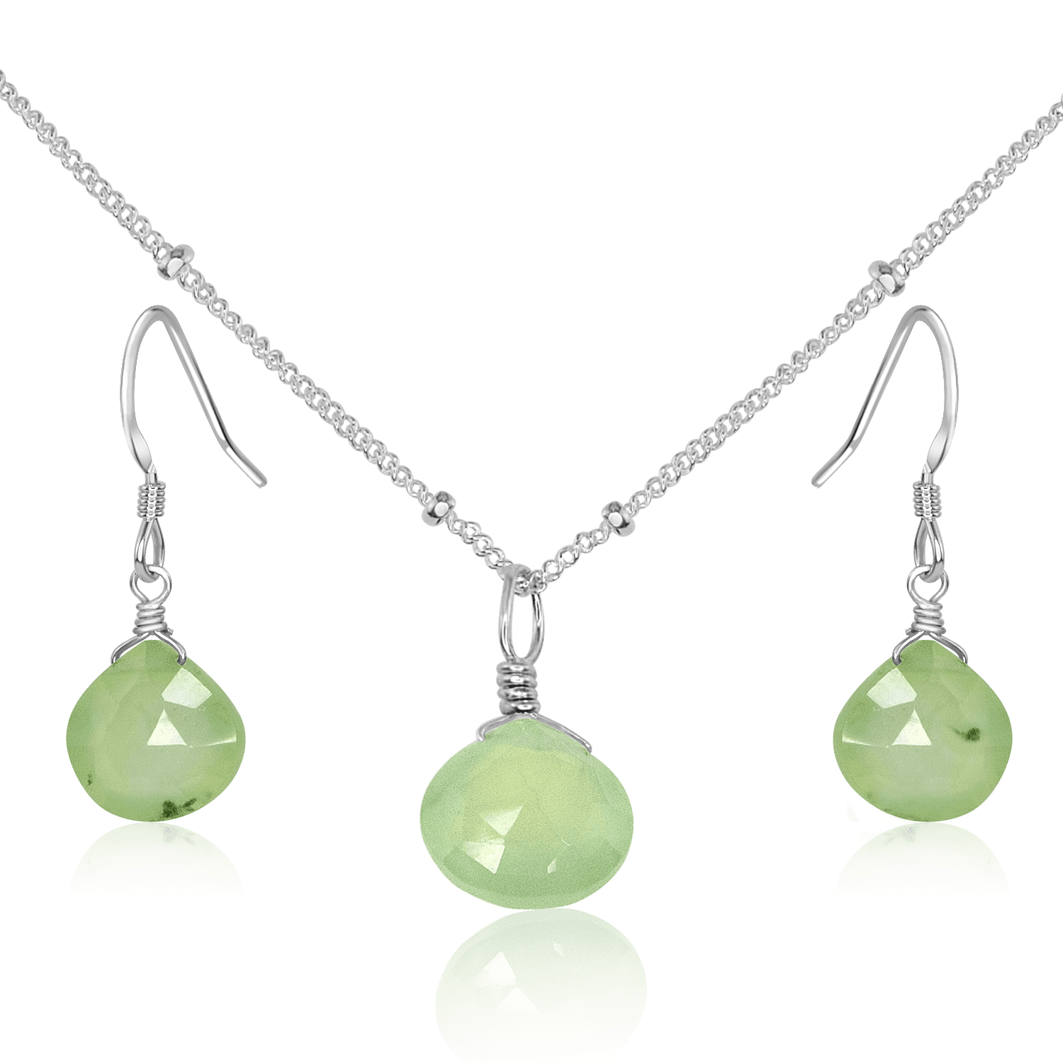 Prehnite Tiny Teardrop Earrings & Necklace Set - Prehnite Tiny Teardrop Earrings & Necklace Set - Sterling Silver / Satellite - Luna Tide Handmade Crystal Jewellery