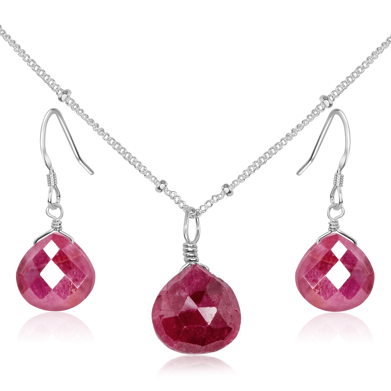 Ruby Tiny Teardrop Earrings & Necklace Set - Ruby Tiny Teardrop Earrings & Necklace Set - Sterling Silver / Satellite - Luna Tide Handmade Crystal Jewellery