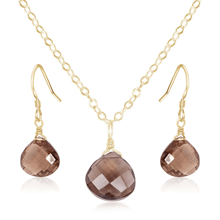 Smoky Quartz Tiny Teardrop Earrings & Necklace Set - Smoky Quartz Tiny Teardrop Earrings & Necklace Set - 14k Gold Fill / Cable - Luna Tide Handmade Crystal Jewellery