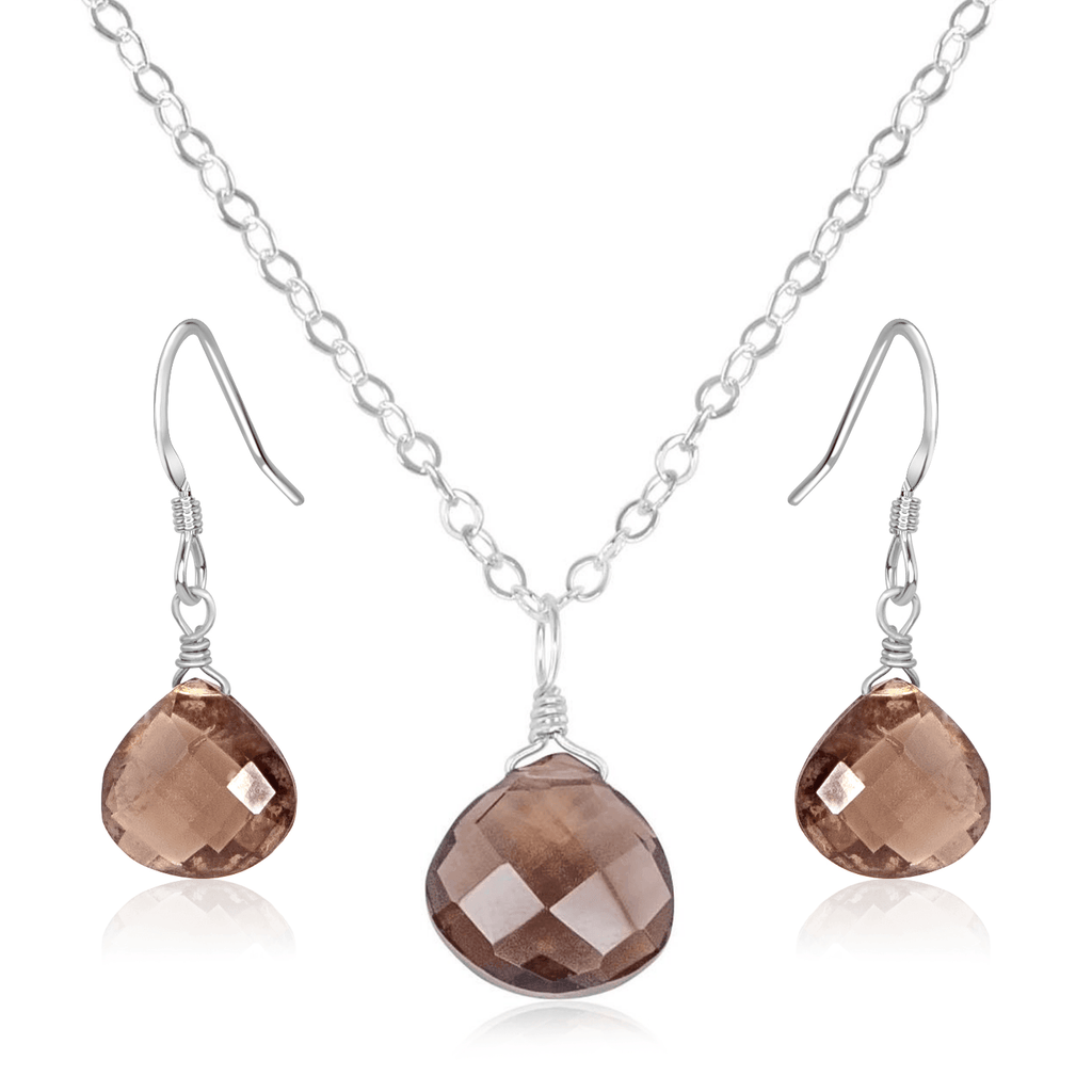 Smoky Quartz Tiny Teardrop Earrings & Necklace Set - Smoky Quartz Tiny Teardrop Earrings & Necklace Set - Sterling Silver / Cable - Luna Tide Handmade Crystal Jewellery