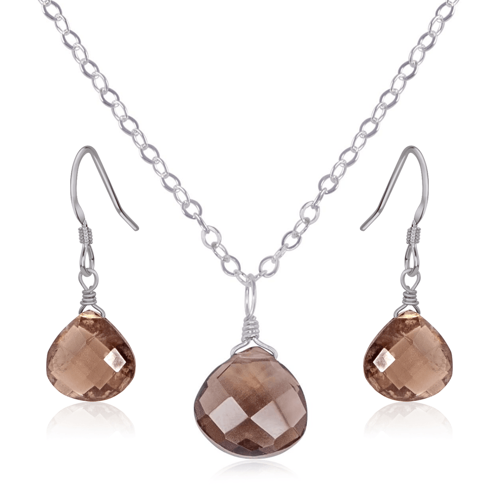 Smoky Quartz Tiny Teardrop Earrings & Necklace Set - Smoky Quartz Tiny Teardrop Earrings & Necklace Set - Stainless Steel / Cable - Luna Tide Handmade Crystal Jewellery