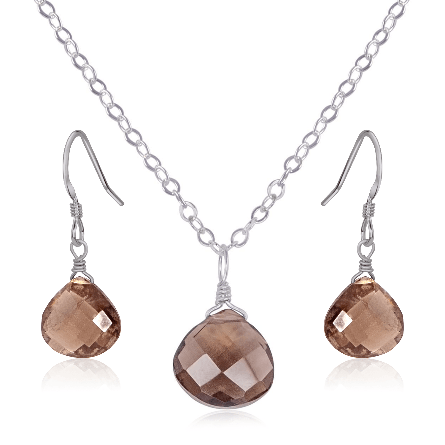 Smoky Quartz Tiny Teardrop Earrings & Necklace Set - Smoky Quartz Tiny Teardrop Earrings & Necklace Set - Stainless Steel / Cable - Luna Tide Handmade Crystal Jewellery