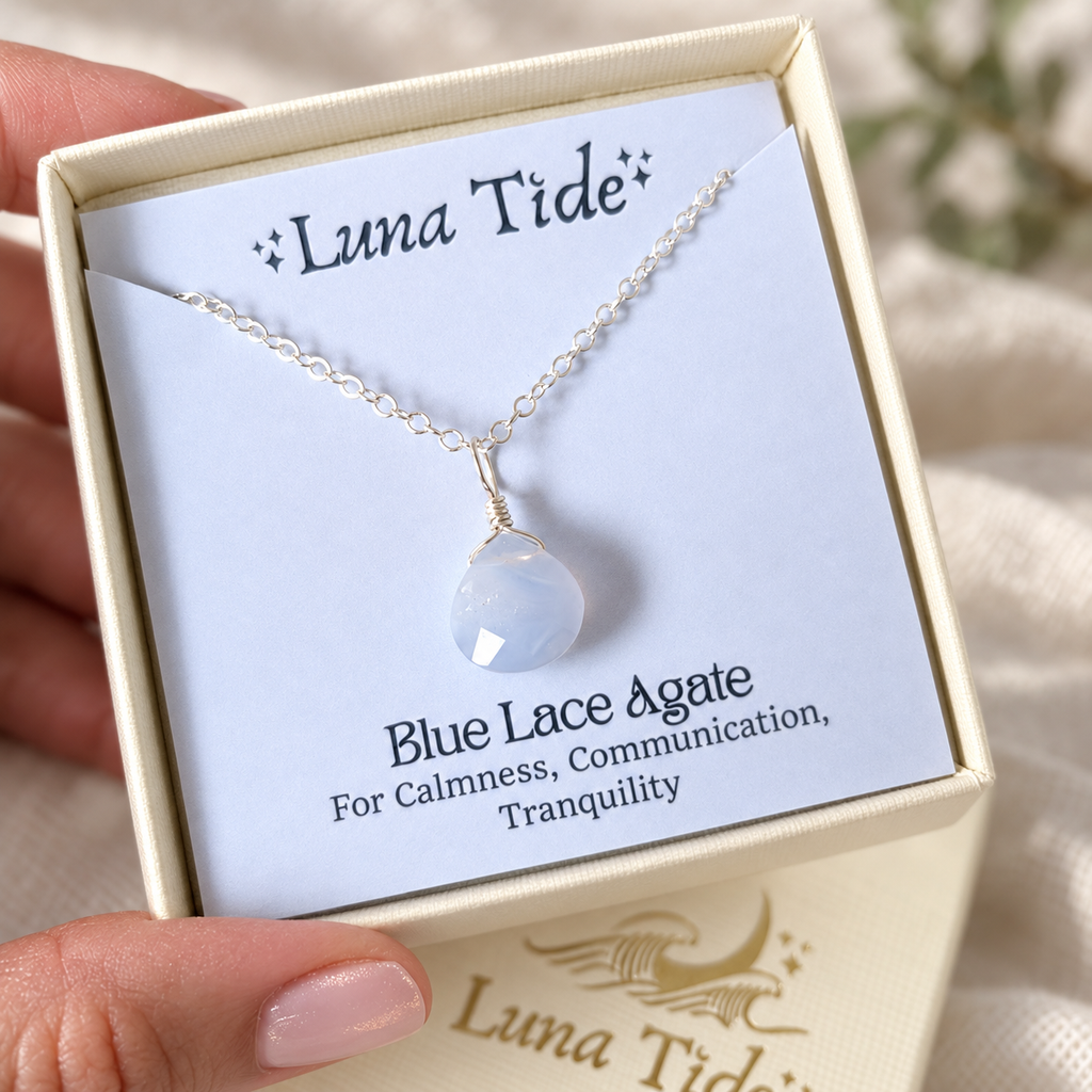 Tiny Blue Lace Agate Teardrop Crystal Pendant Necklace