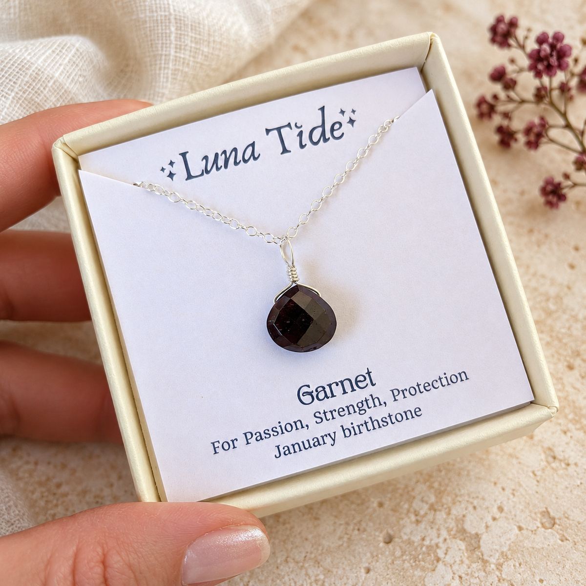 Tiny Garnet Teardrop Crystal Pendant Necklace