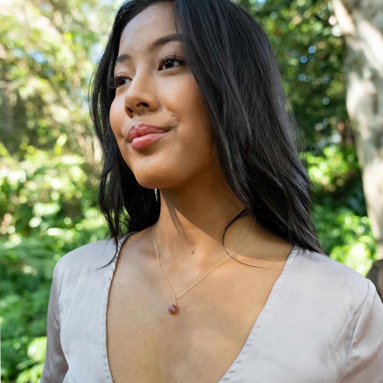 Tiny Sunstone Teardrop Necklace - Tiny Sunstone Teardrop Necklace - 14k Gold Fill / Cable - Luna Tide Handmade Crystal Jewellery