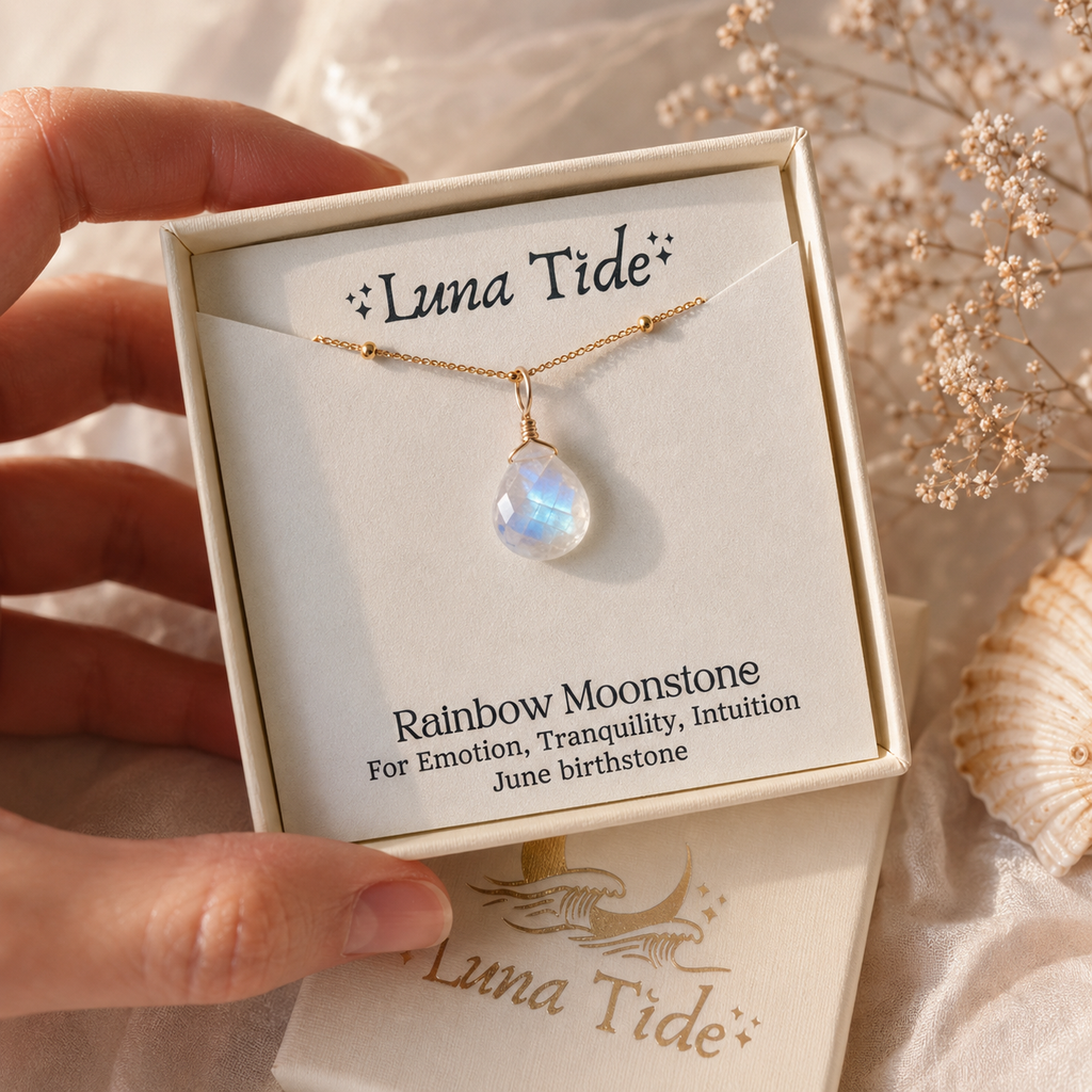 Tiny Rainbow Moonstone Teardrop Crystal Pendant Necklace