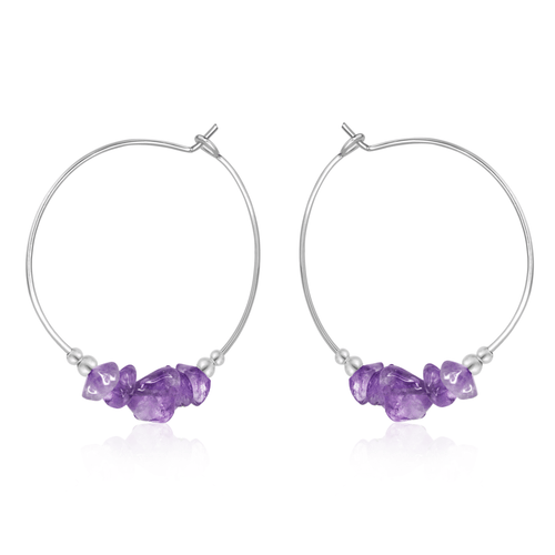 Amethyst Crystal Chip Large Hoop Earrings - Amethyst Crystal Chip Large Hoop Earrings - Sterling Silver - Luna Tide Handmade Crystal Jewellery