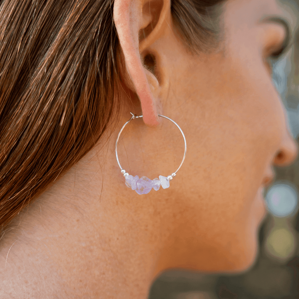 Amethyst Crystal Chip Large Hoop Earrings - Amethyst Crystal Chip Large Hoop Earrings - Sterling Silver - Luna Tide Handmade Crystal Jewellery