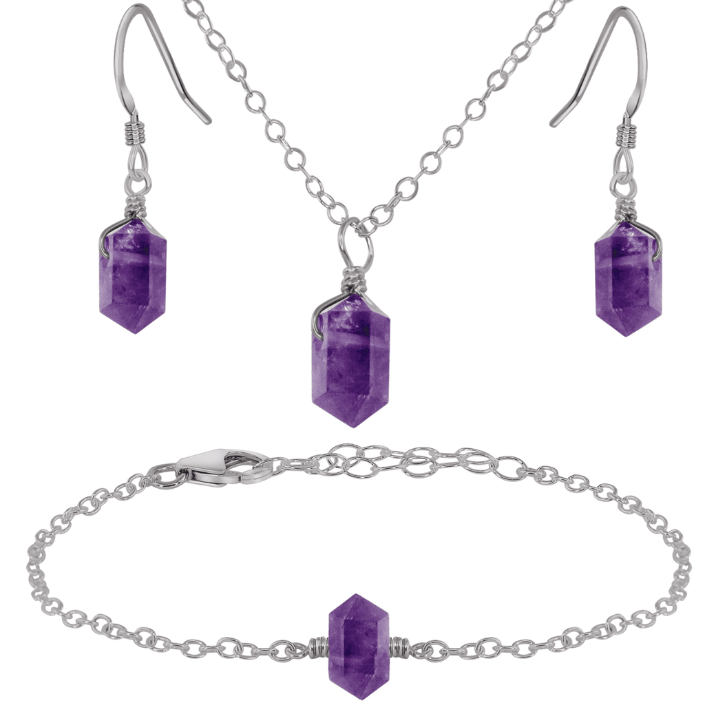 Amethyst Double Terminated Crystal Earrings, Necklace & Bracelet Set - Amethyst Double Terminated Crystal Earrings, Necklace & Bracelet Set - Stainless Steel - Luna Tide Handmade Crystal Jewellery