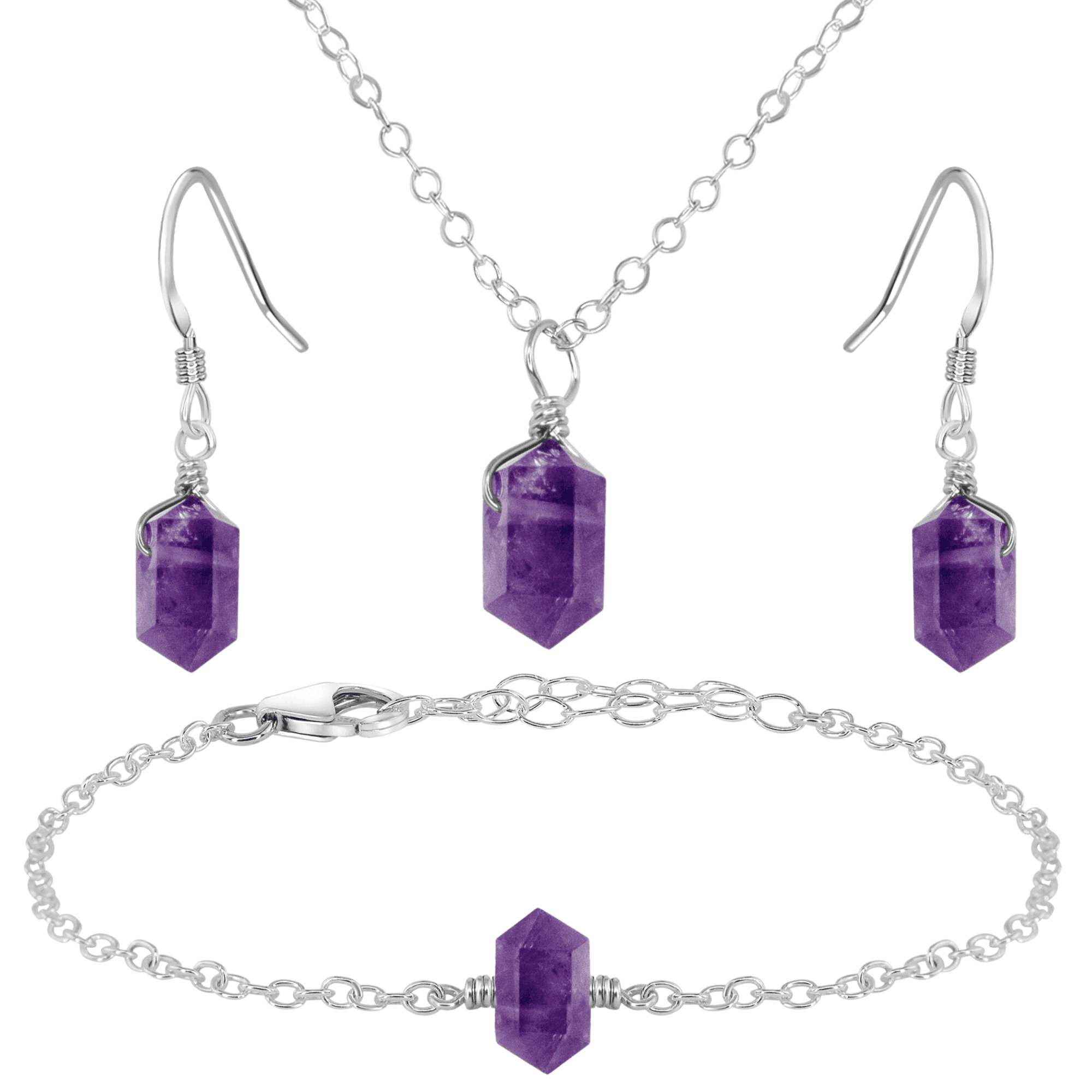 Amethyst Double Terminated Crystal Earrings, Necklace & Bracelet Set - Amethyst Double Terminated Crystal Earrings, Necklace & Bracelet Set - Sterling Silver - Luna Tide Handmade Crystal Jewellery