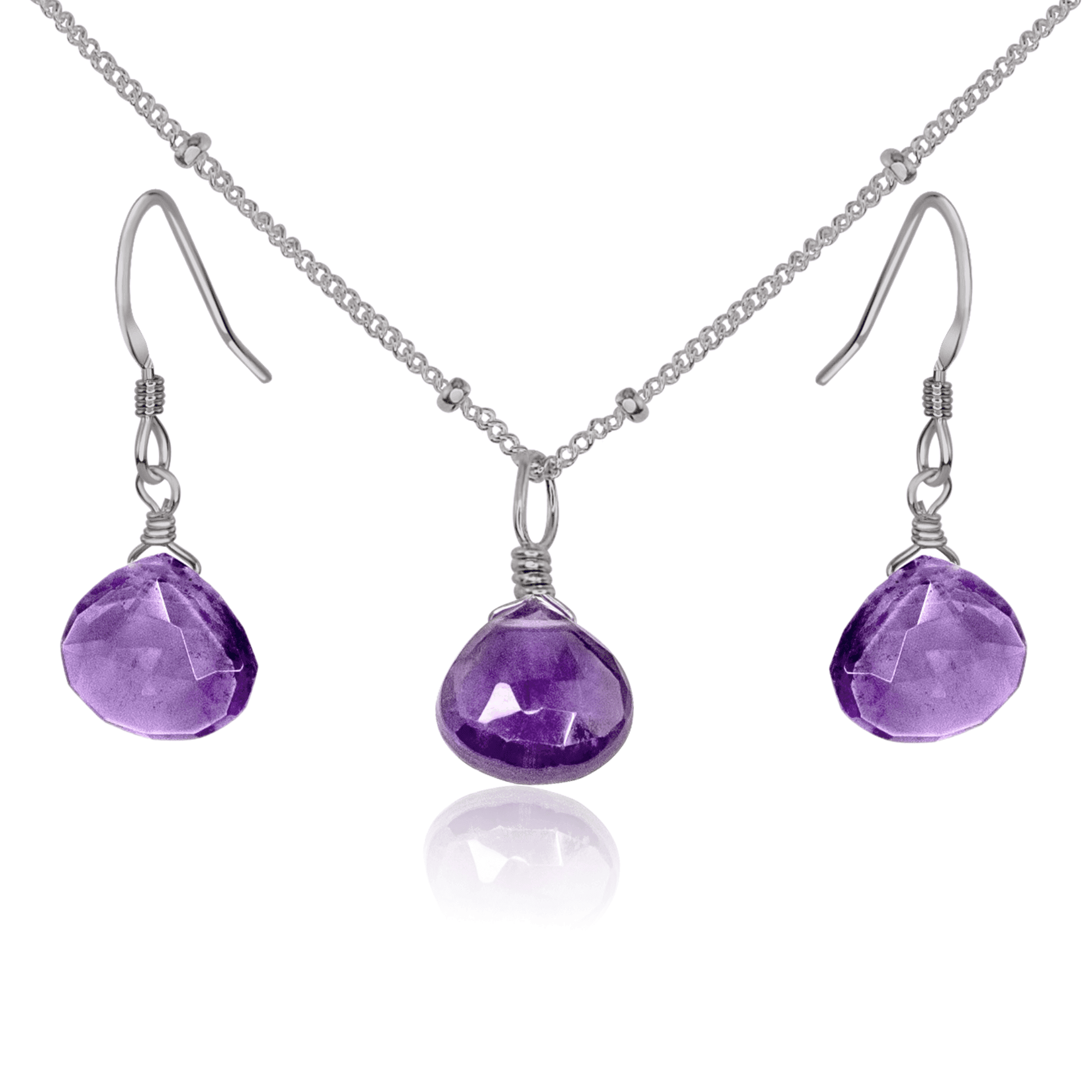 Amethyst Tiny Teardrop Earrings & Necklace Set - Amethyst Tiny Teardrop Earrings & Necklace Set - Stainless Steel / Satellite - Luna Tide Handmade Crystal Jewellery