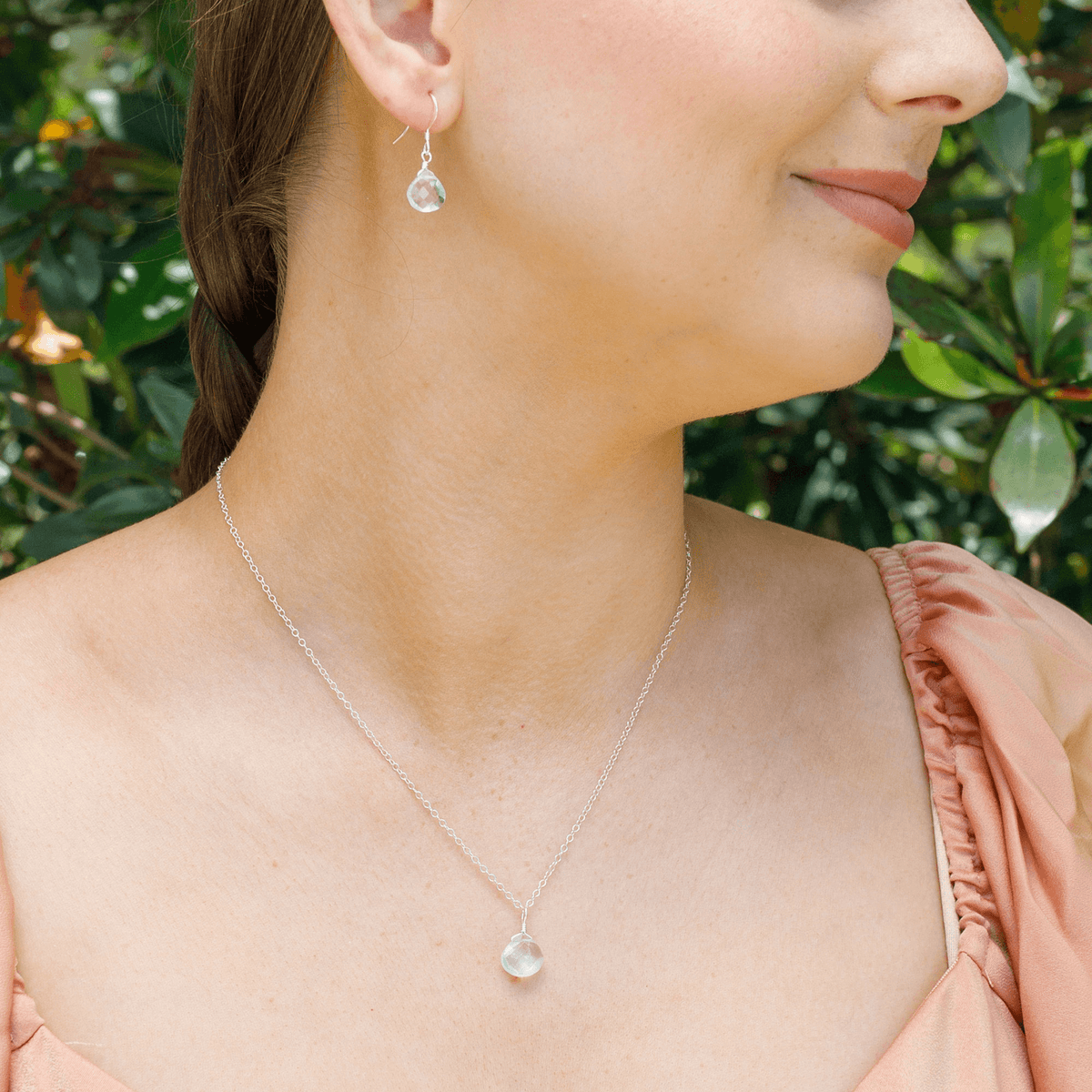 Aquamarine Tiny Teardrop Earrings & Necklace Set - Aquamarine Tiny Teardrop Earrings & Necklace Set - Sterling Silver / Cable - Luna Tide Handmade Crystal Jewellery