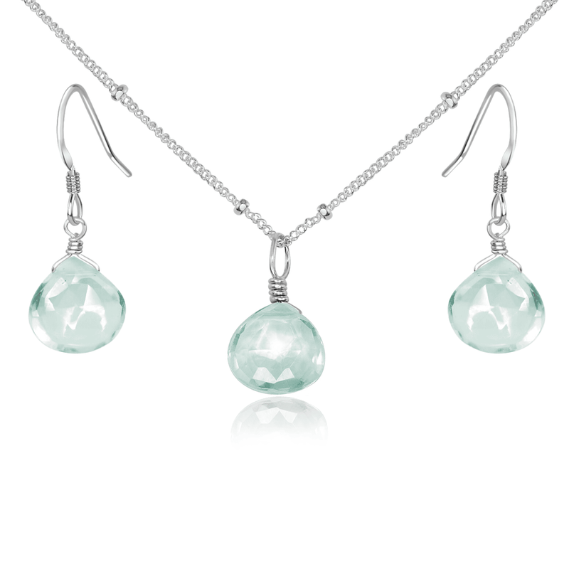 Aquamarine Tiny Teardrop Earrings & Necklace Set - Aquamarine Tiny Teardrop Earrings & Necklace Set - Sterling Silver / Satellite - Luna Tide Handmade Crystal Jewellery