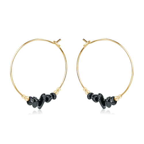 Black Tourmaline Crystal Chip Large Hoop Earrings - Black Tourmaline Crystal Chip Large Hoop Earrings - 14k Gold Fill - Luna Tide Handmade Crystal Jewellery