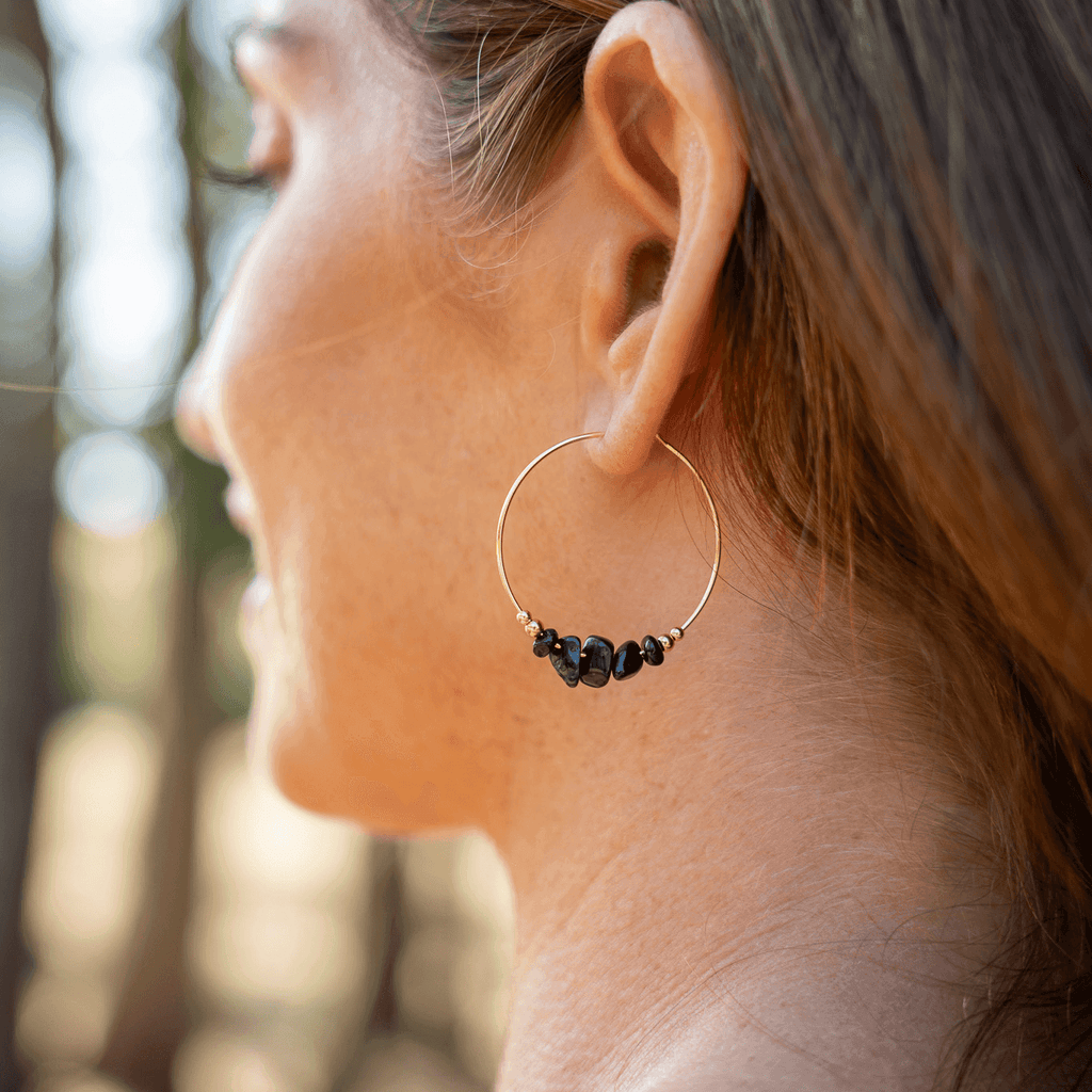 Black Tourmaline Crystal Chip Large Hoop Earrings - Black Tourmaline Crystal Chip Large Hoop Earrings - 14k Gold Fill - Luna Tide Handmade Crystal Jewellery