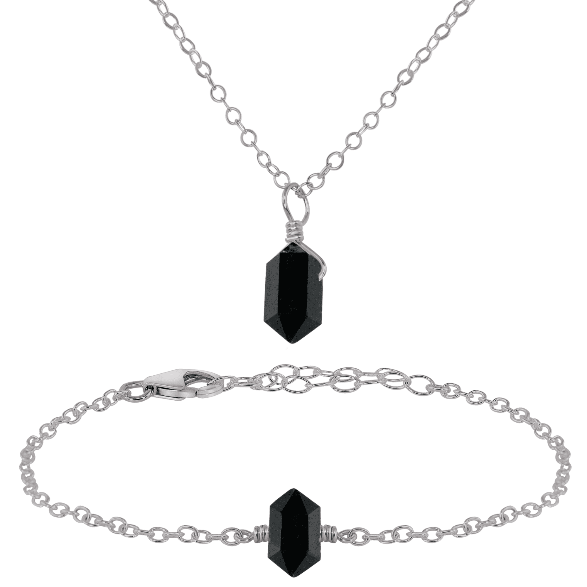 Black Tourmaline Double Terminated Crystal Necklace & Bracelet Set - Black Tourmaline Double Terminated Crystal Necklace & Bracelet Set - Stainless Steel - Luna Tide Handmade Crystal Jewellery