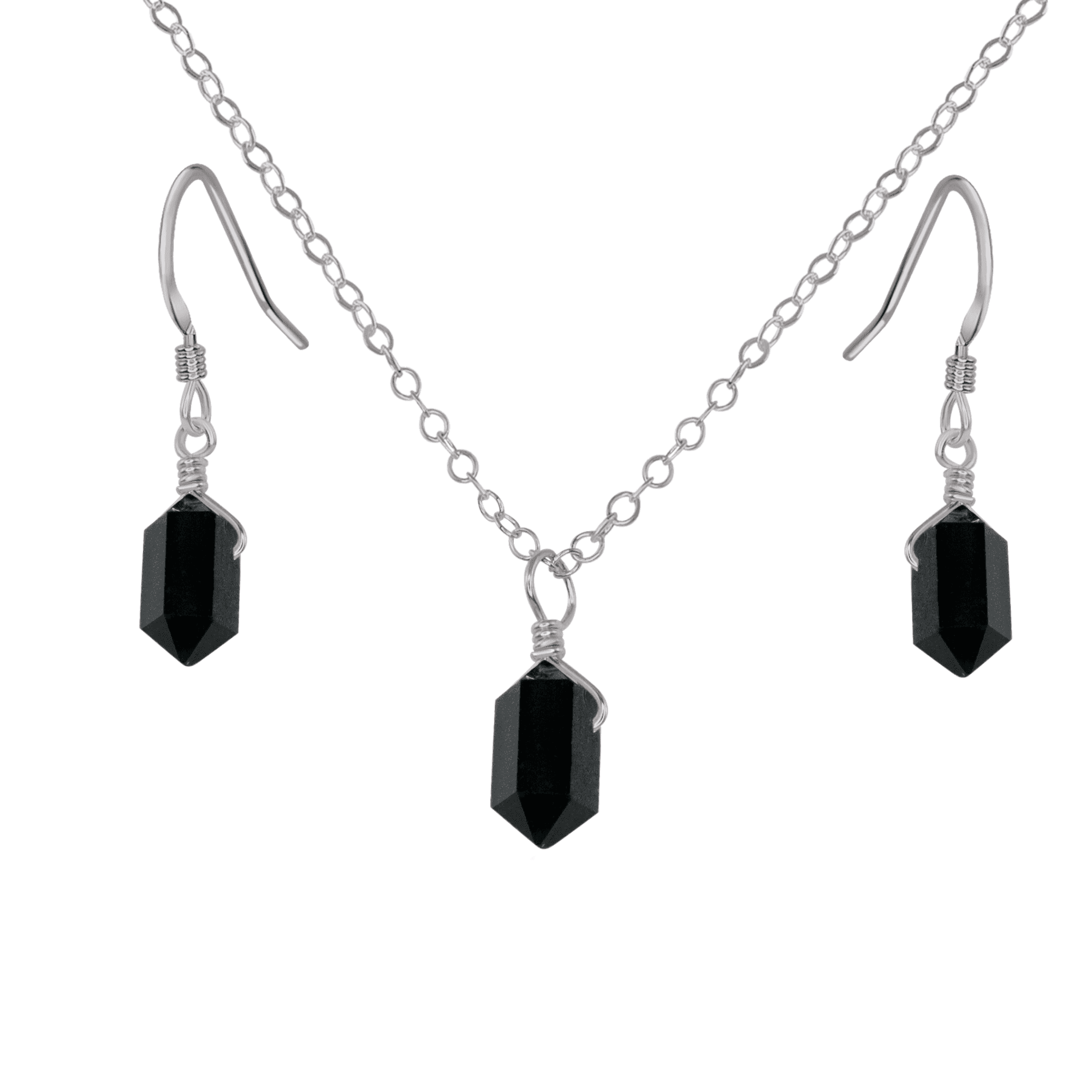 Black Tourmaline Mini Double Terminated Crystal Point Earrings & Necklace Set - Black Tourmaline Mini Double Terminated Crystal Point Earrings & Necklace Set - Stainless Steel - Luna Tide Handmade Crystal Jewellery