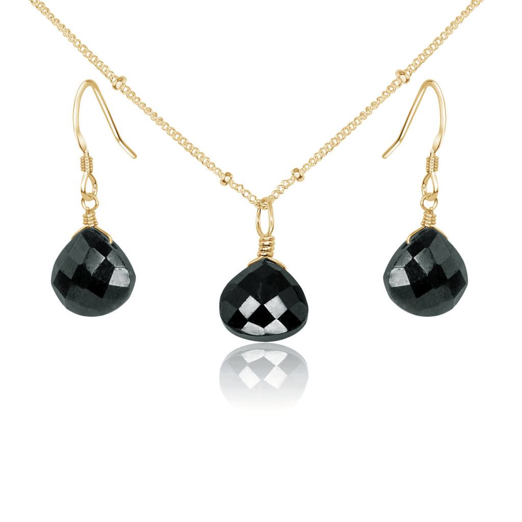 Black Tourmaline Tiny Teardrop Earrings & Necklace Set - Black Tourmaline Tiny Teardrop Earrings & Necklace Set - 14k Gold Fill / Satellite - Luna Tide Handmade Crystal Jewellery
