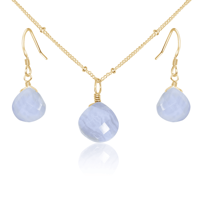Blue Lace Agate Tiny Teardrop Earrings & Necklace Set - Blue Lace Agate Tiny Teardrop Earrings & Necklace Set - 14k Gold Fill / Satellite - Luna Tide Handmade Crystal Jewellery