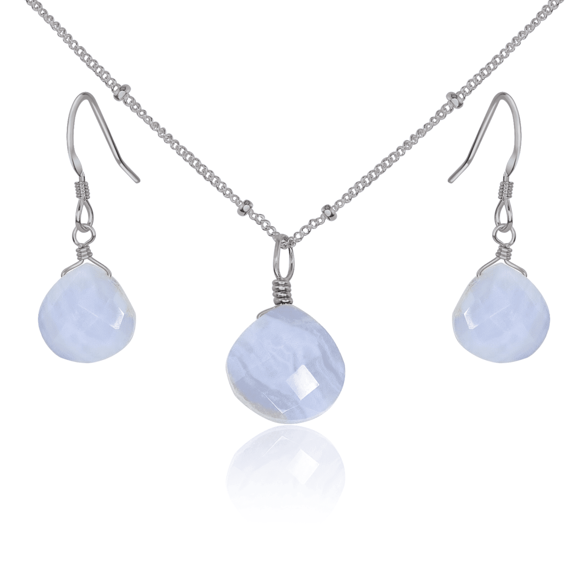 Blue Lace Agate Tiny Teardrop Earrings & Necklace Set - Blue Lace Agate Tiny Teardrop Earrings & Necklace Set - Stainless Steel / Satellite - Luna Tide Handmade Crystal Jewellery