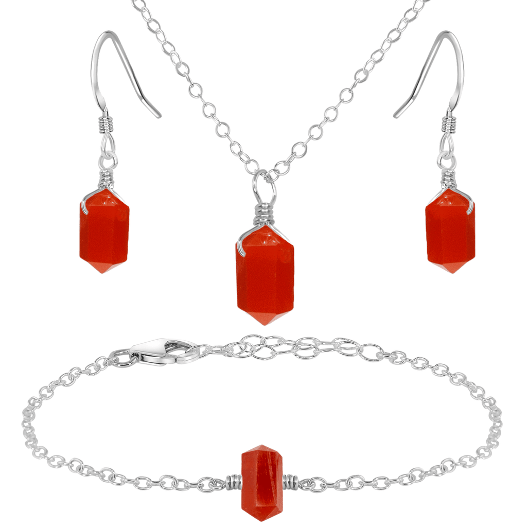 Carnelian Double Terminated Crystal Earrings, Necklace & Bracelet Set - Carnelian Double Terminated Crystal Earrings, Necklace & Bracelet Set - Sterling Silver - Luna Tide Handmade Crystal Jewellery