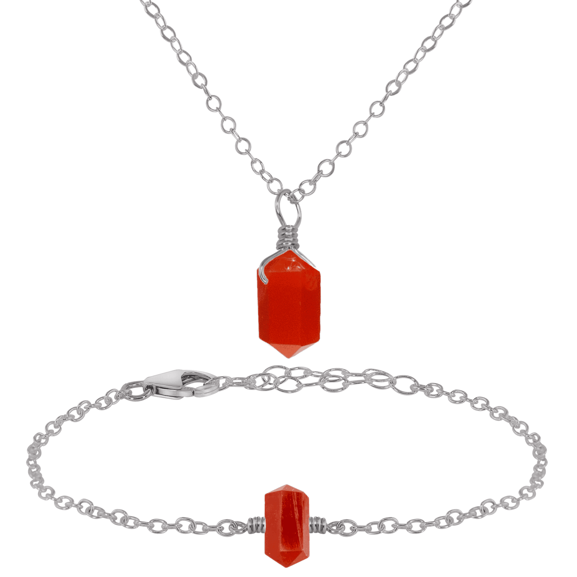 Carnelian Double Terminated Crystal Necklace & Bracelet Set - Carnelian Double Terminated Crystal Necklace & Bracelet Set - Stainless Steel - Luna Tide Handmade Crystal Jewellery