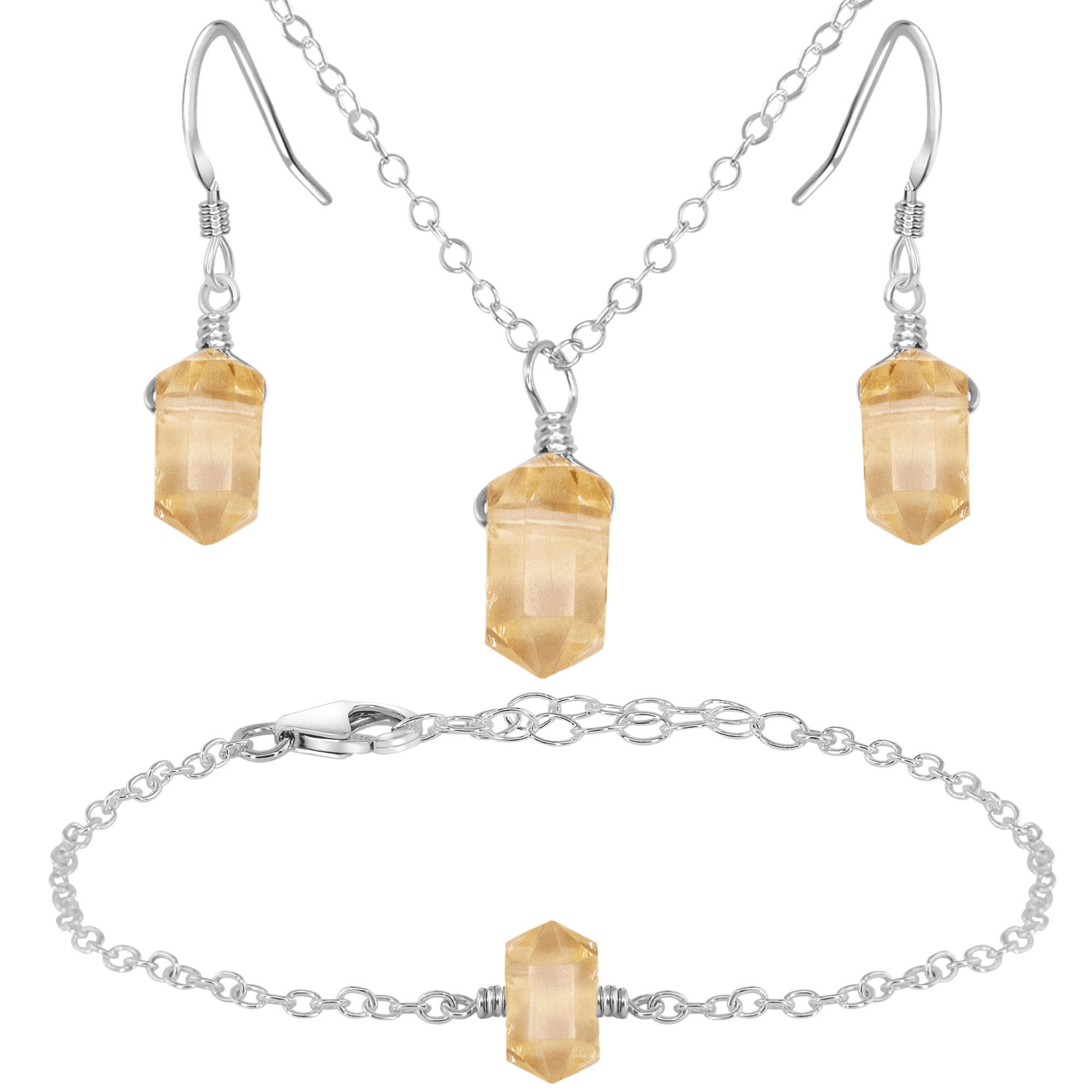Citrine Double Terminated Crystal Earrings, Necklace & Bracelet Set - Citrine Double Terminated Crystal Earrings, Necklace & Bracelet Set - Sterling Silver - Luna Tide Handmade Crystal Jewellery