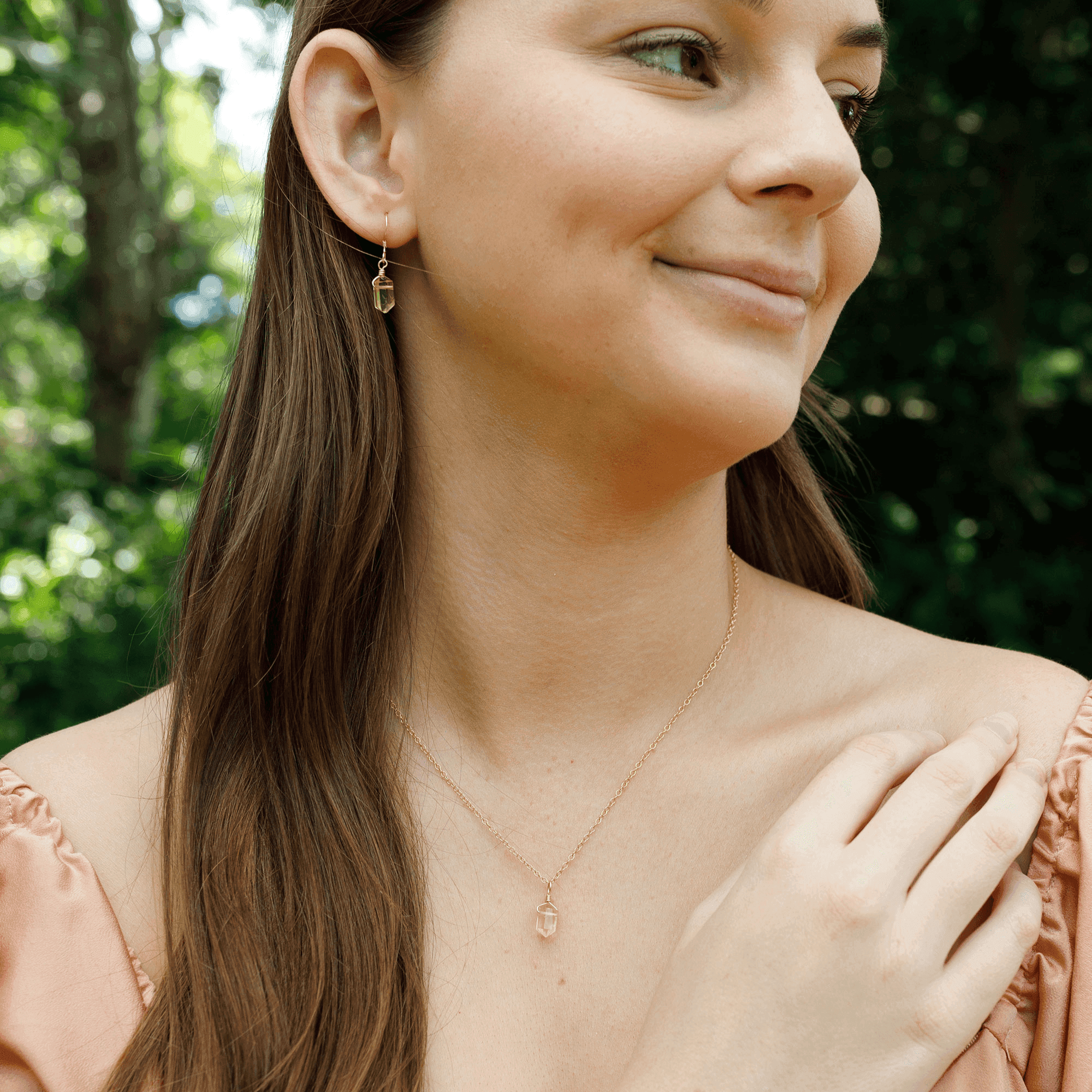 Citrine Mini Double Terminated Crystal Point Earrings & Necklace Set - Citrine Mini Double Terminated Crystal Point Earrings & Necklace Set - 14k Gold Fill - Luna Tide Handmade Crystal Jewellery