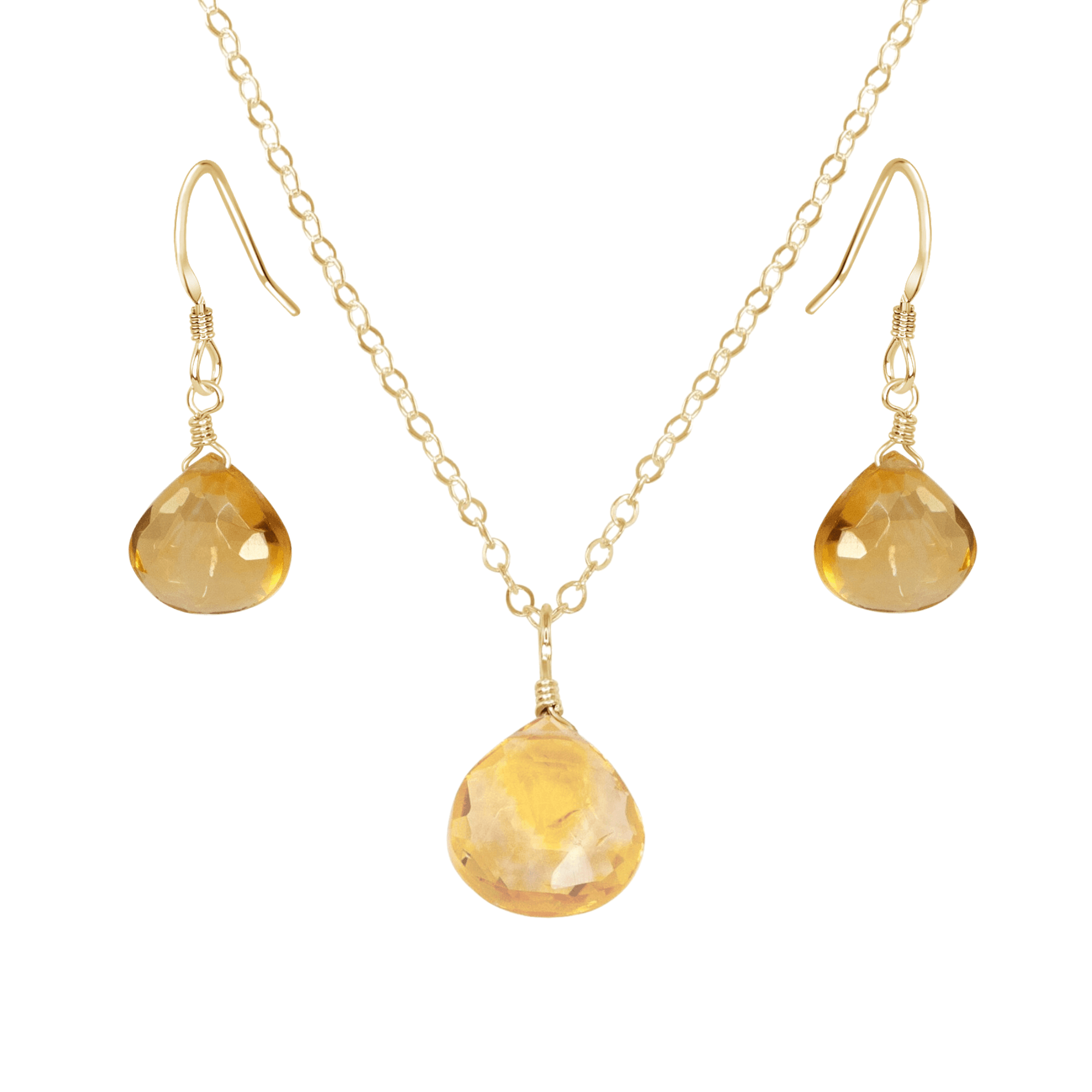 Citrine Tiny Teardrop Earrings & Necklace Set - Citrine Tiny Teardrop Earrings & Necklace Set - 14k Gold Fill / Cable - Luna Tide Handmade Crystal Jewellery