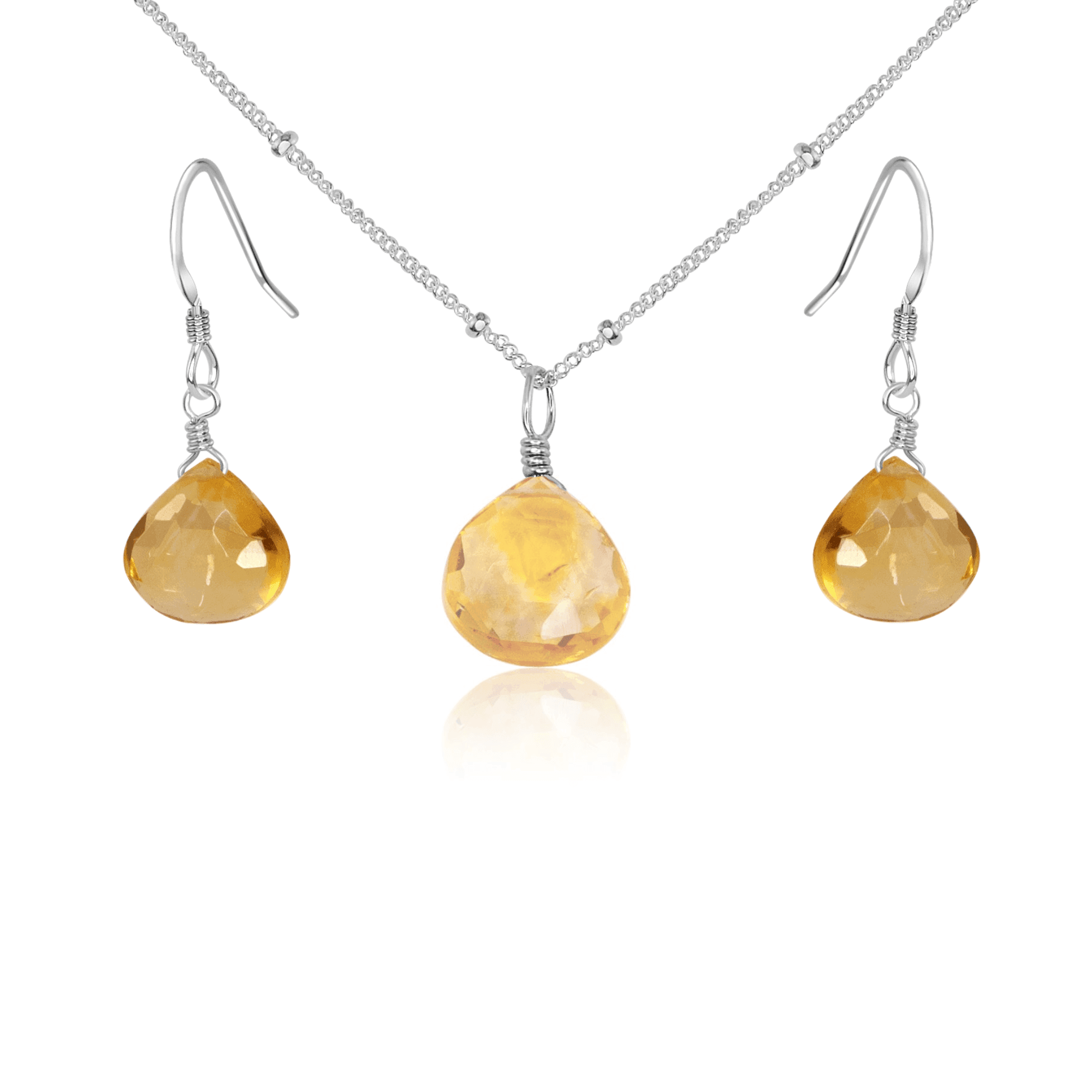 Citrine Tiny Teardrop Earrings & Necklace Set - Citrine Tiny Teardrop Earrings & Necklace Set - Sterling Silver / Satellite - Luna Tide Handmade Crystal Jewellery