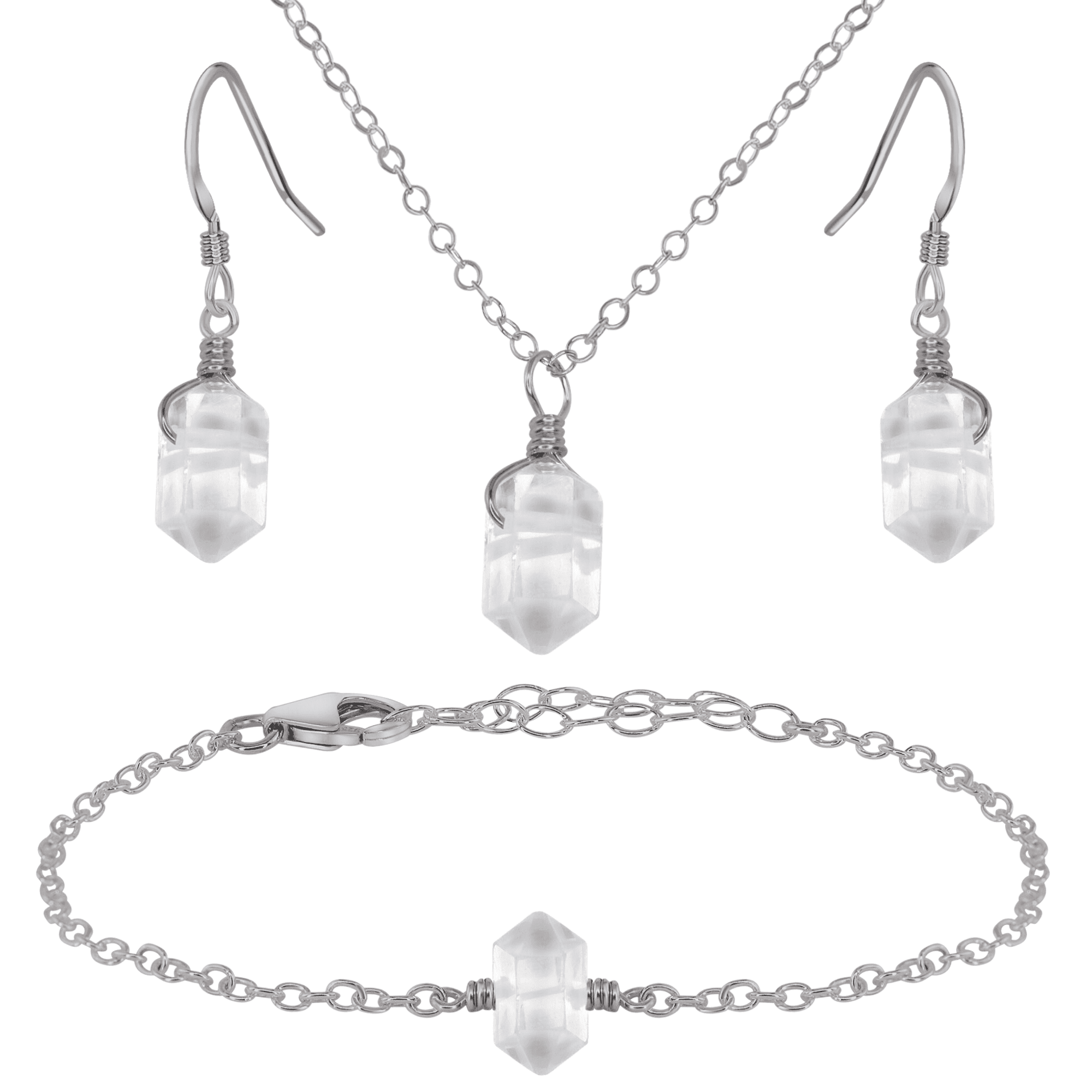 Crystal Quartz Double Terminated Earrings, Necklace & Bracelet Set - Crystal Quartz Double Terminated Earrings, Necklace & Bracelet Set - Stainless Steel - Luna Tide Handmade Crystal Jewellery