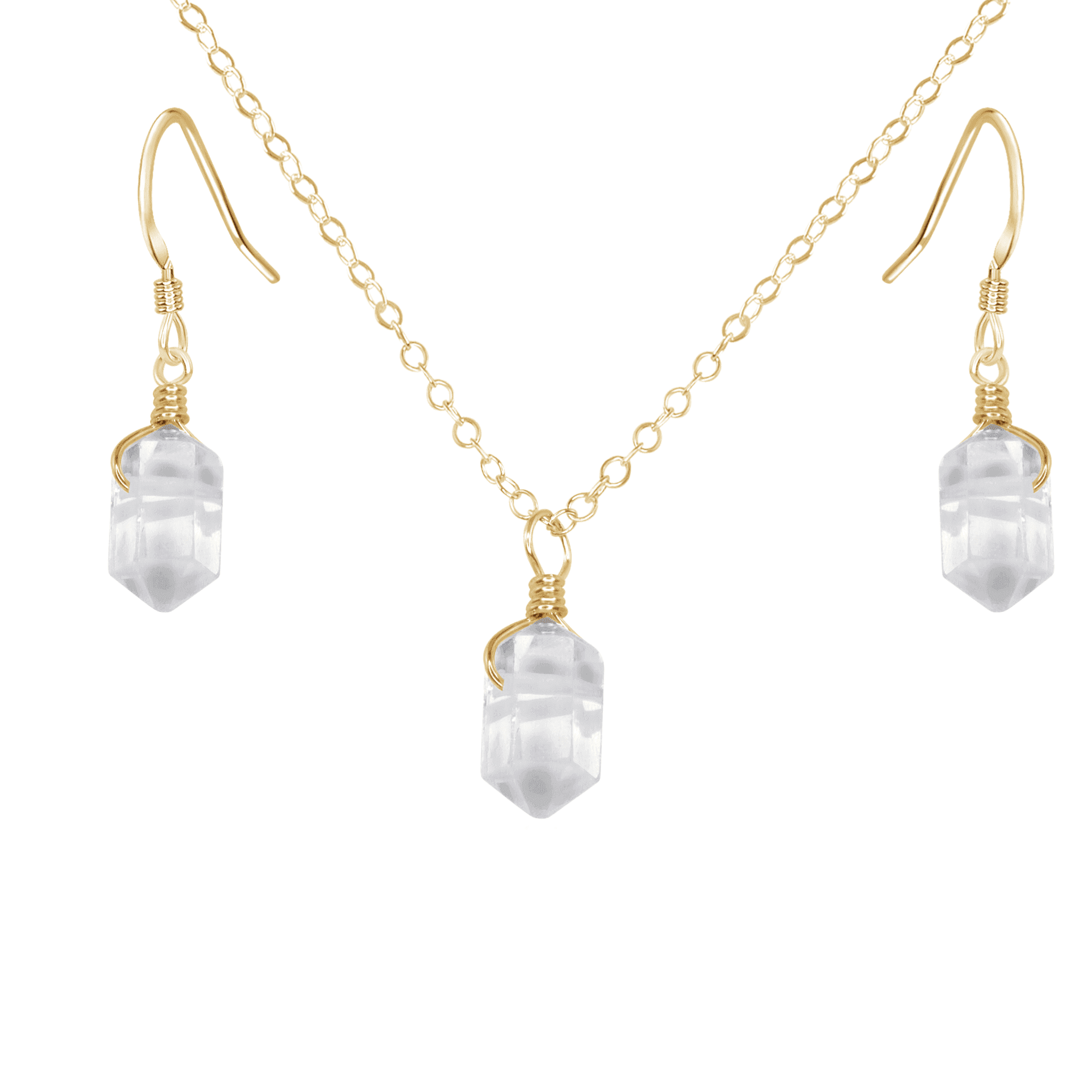 Crystal Quartz Mini Double Terminated Point Earrings & Necklace Set - Crystal Quartz Mini Double Terminated Point Earrings & Necklace Set - 14k Gold Fill - Luna Tide Handmade Crystal Jewellery